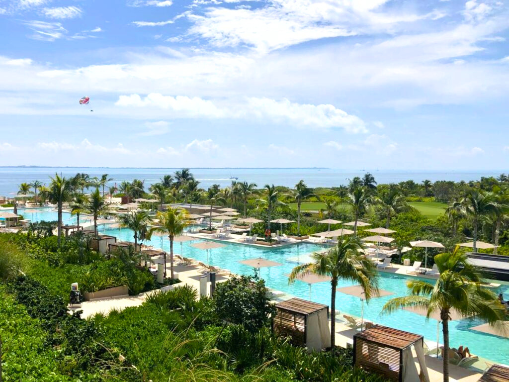 Aerial pool view of a resort