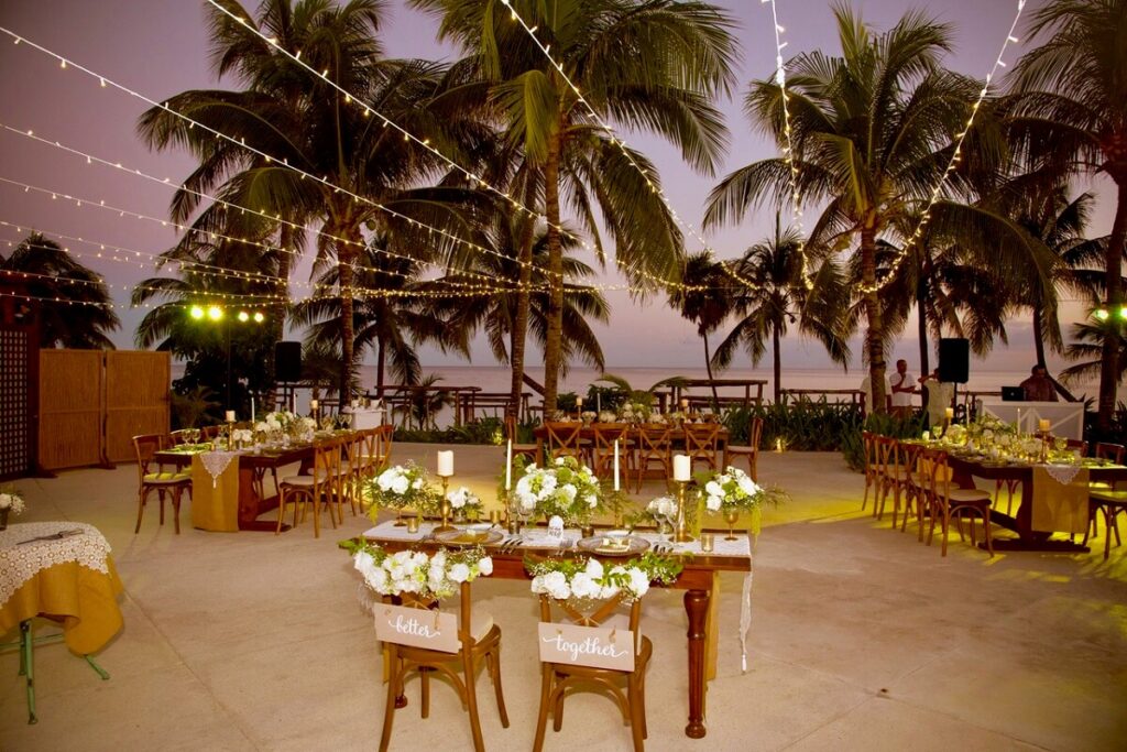 Akumal Bay Beach Wedding, Pool Deck Reception Venue set up