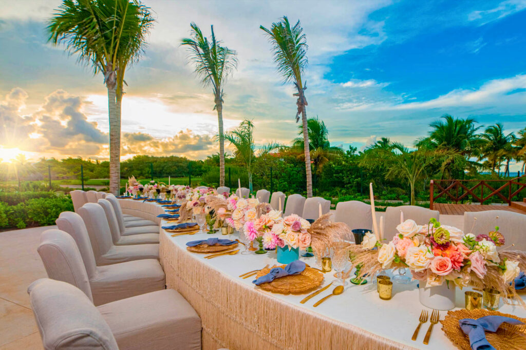 Resort terrace with set up for a wedding reception