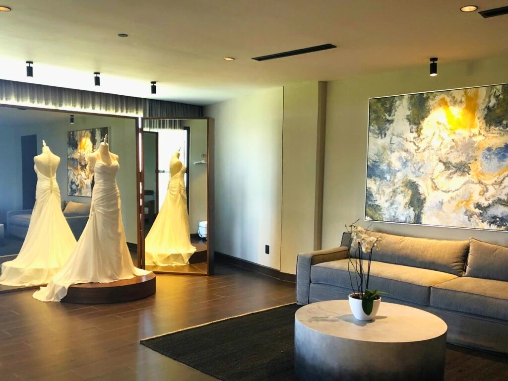 Resort bridal suite with a lovely wedding dress on a manequin
