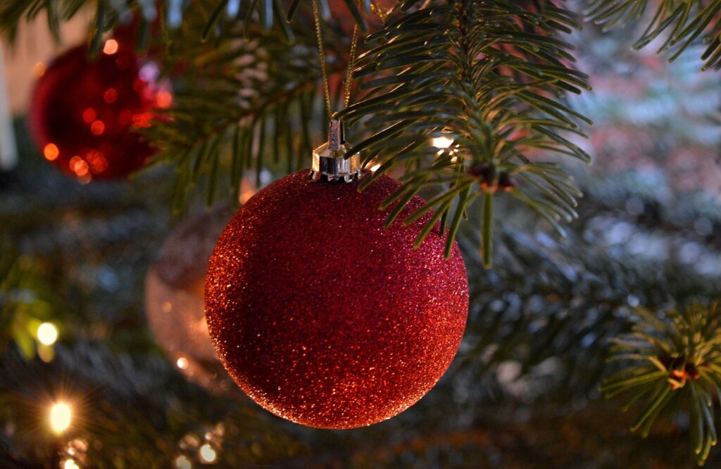 red and shinny christmas tree ornaments