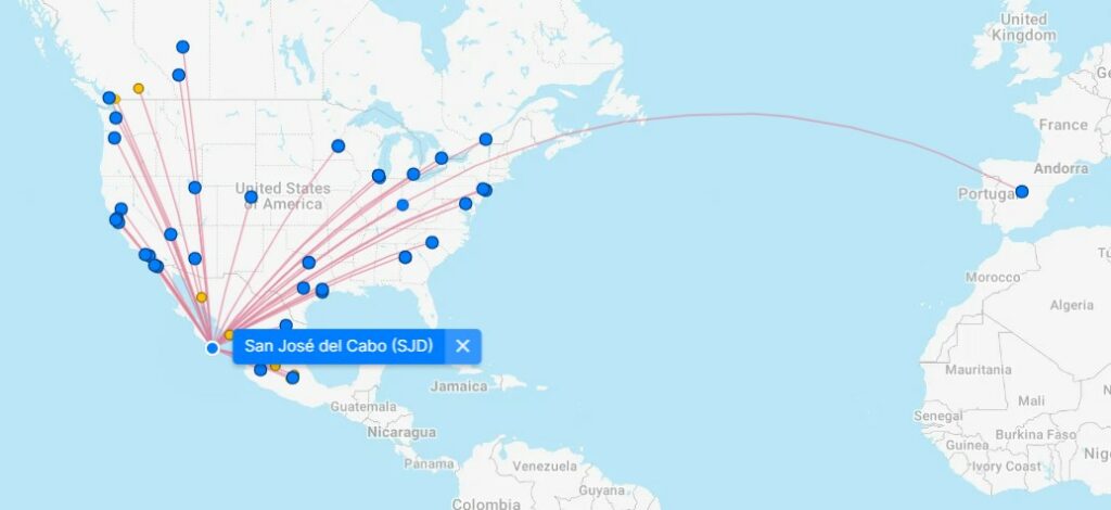 A map with plane routes of direct flights to los cabos