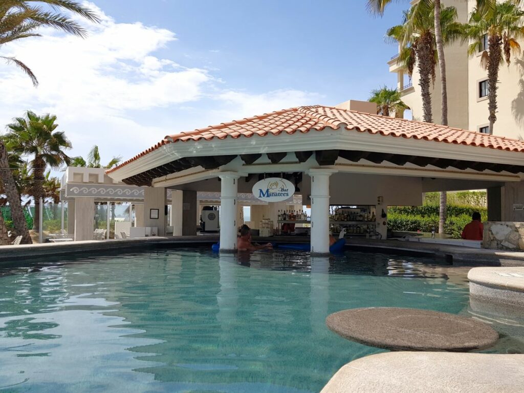 Hotel swim up bar with surrounded by palm trees