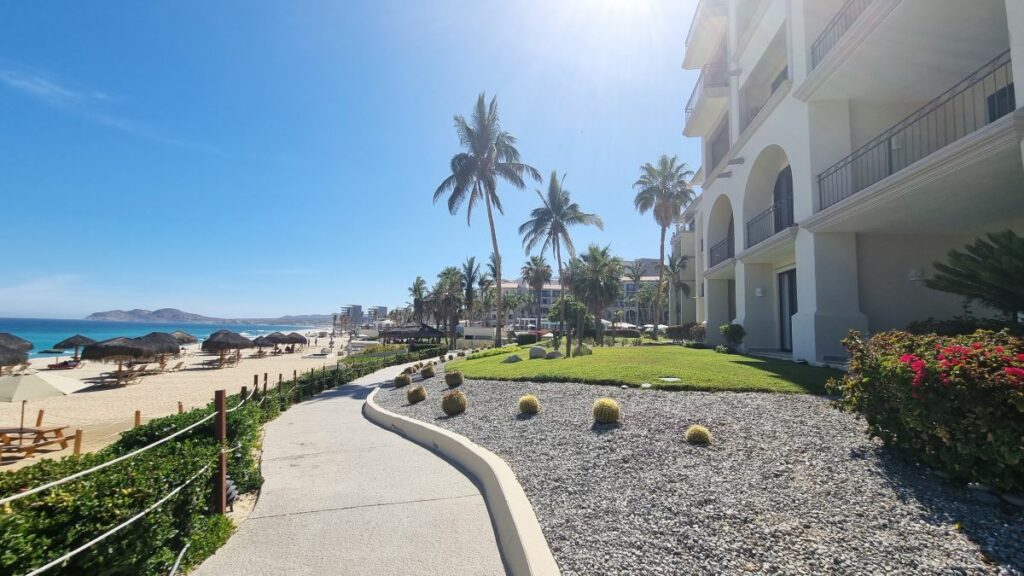 Hotel room building with palmtrees, cactus garden and ocean view