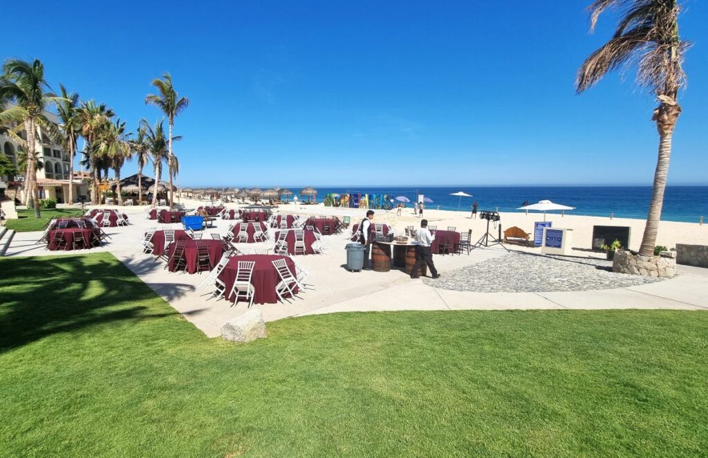 Destination wedding reception set-up at the ocean terrace at Dreams Los Cabos