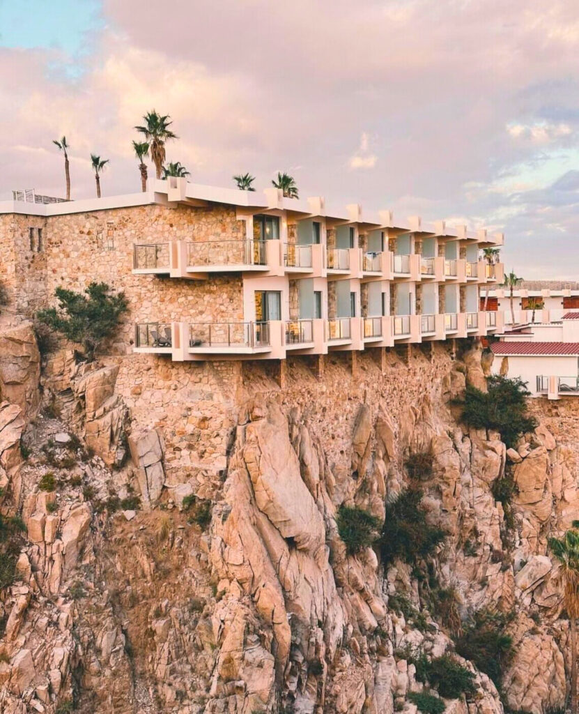 Exterior view of a resort over a hill