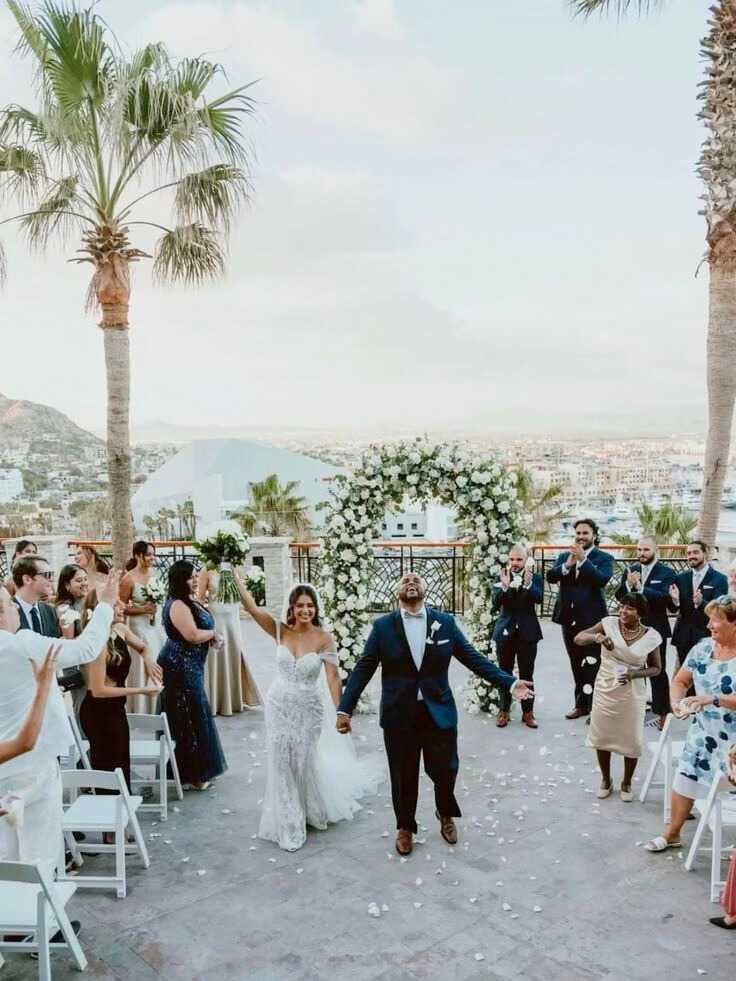 Wedding couple getting married on a resort terrace