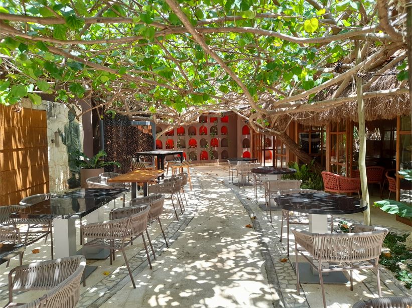 Outdoor restaurant surrounded by jungle
