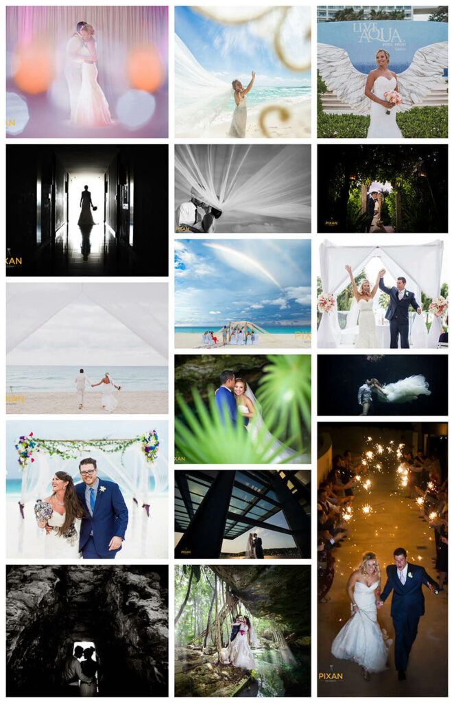 collage of wedding photos live aqua cancun
