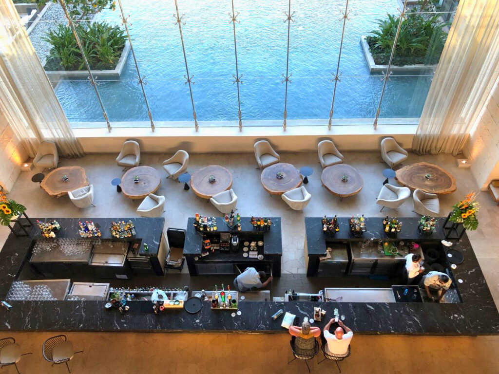Resort lobby seeing from above with views of the garden