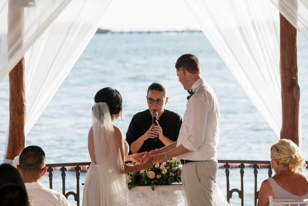 wedding couple during the ocean view ceremony