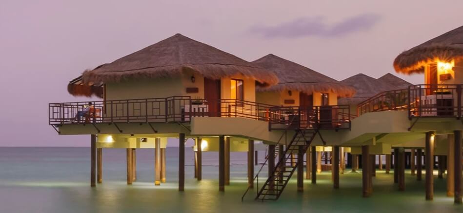 over the water bungalows at dusk