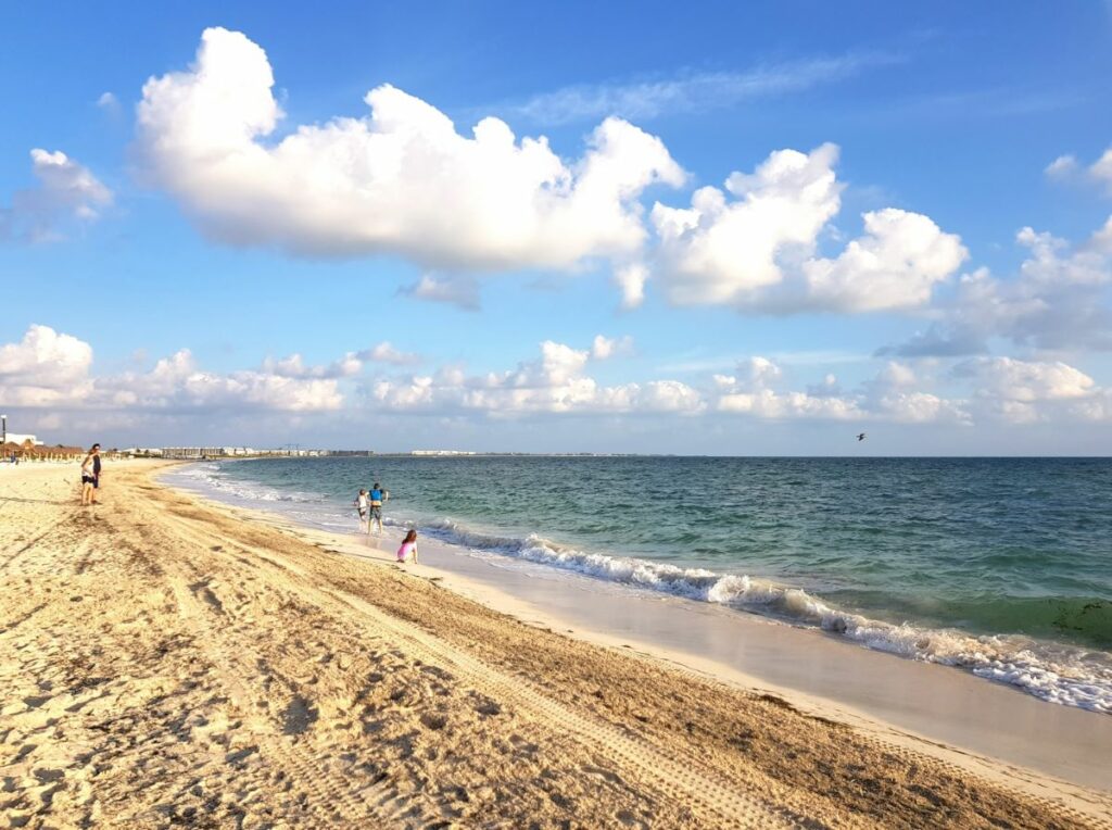 Extensive beach during sunset with kids running around