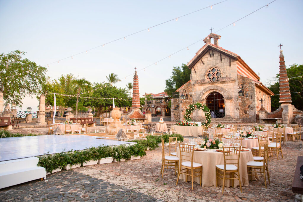 Church with medieval architecture decorated for a wedding party