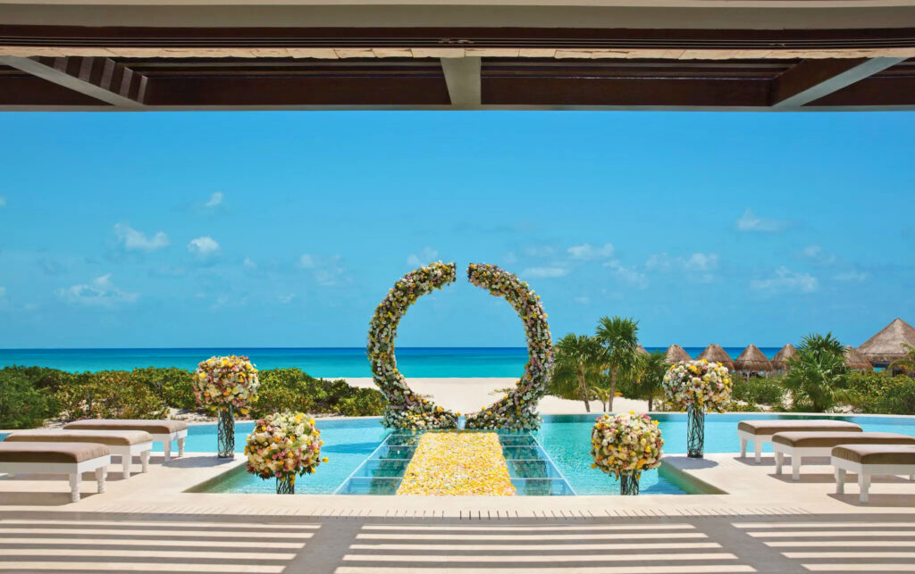 Resort presidential suite terrace with a wedding gazebo over the pool