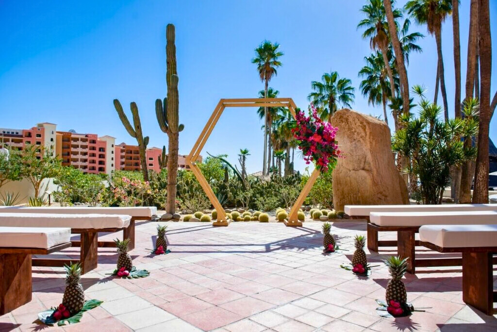 Resort garden with set up for a wedding ceremony
