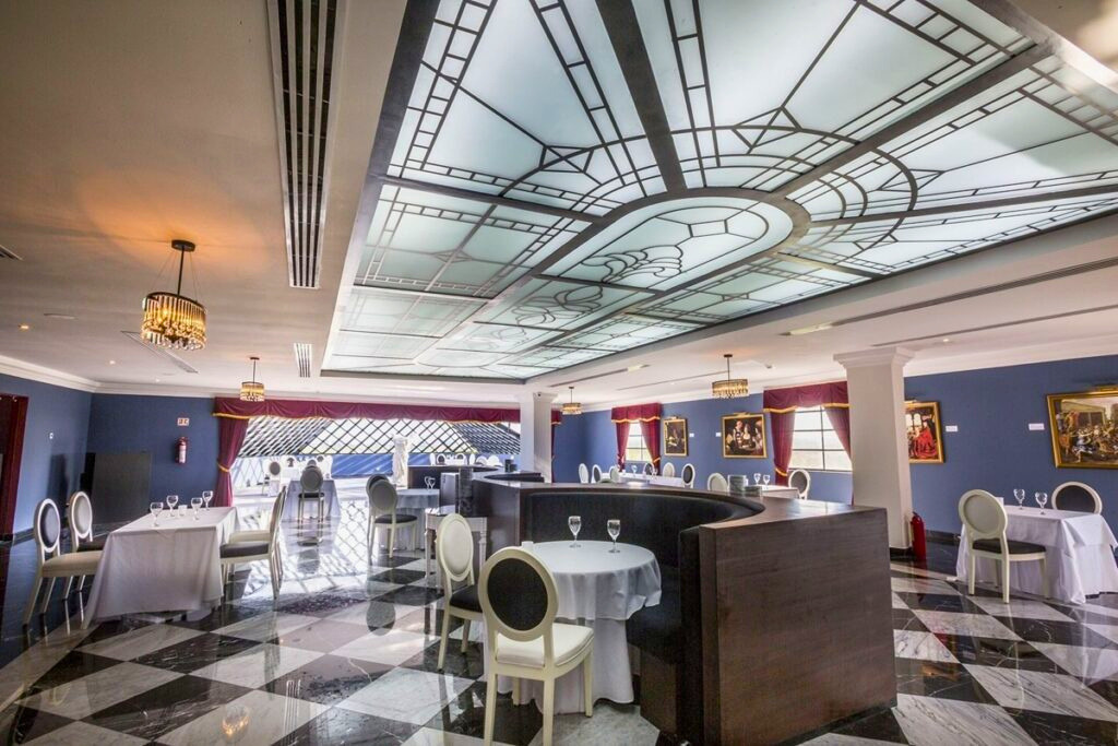 Elegant restaurant with marble floors and glass ceilings