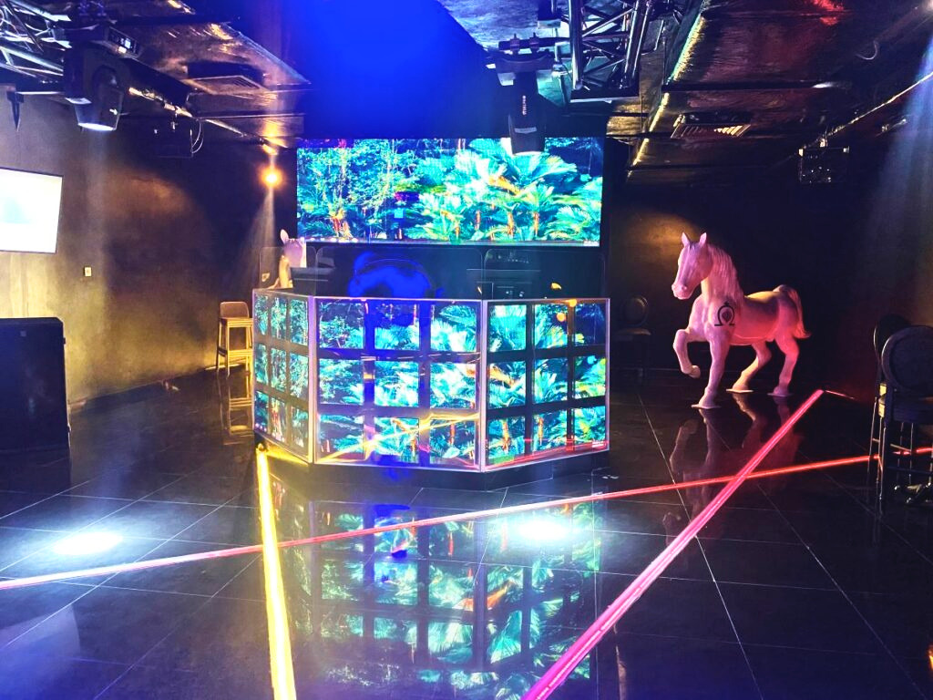 Night club with big horses and led light screens