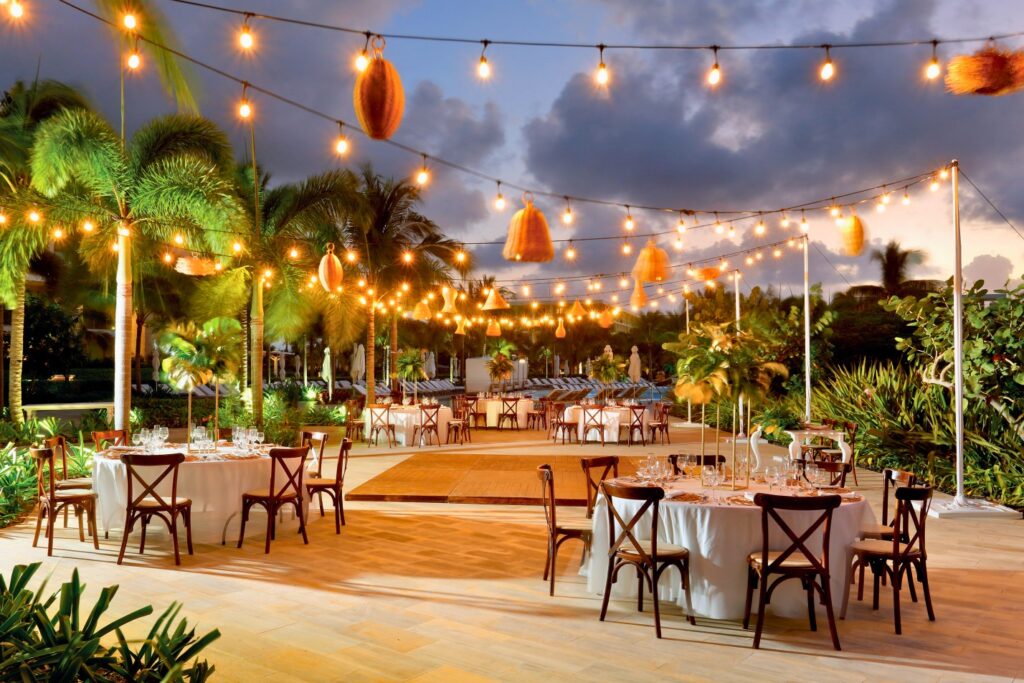 Resort terrace by the pool and dinning tables