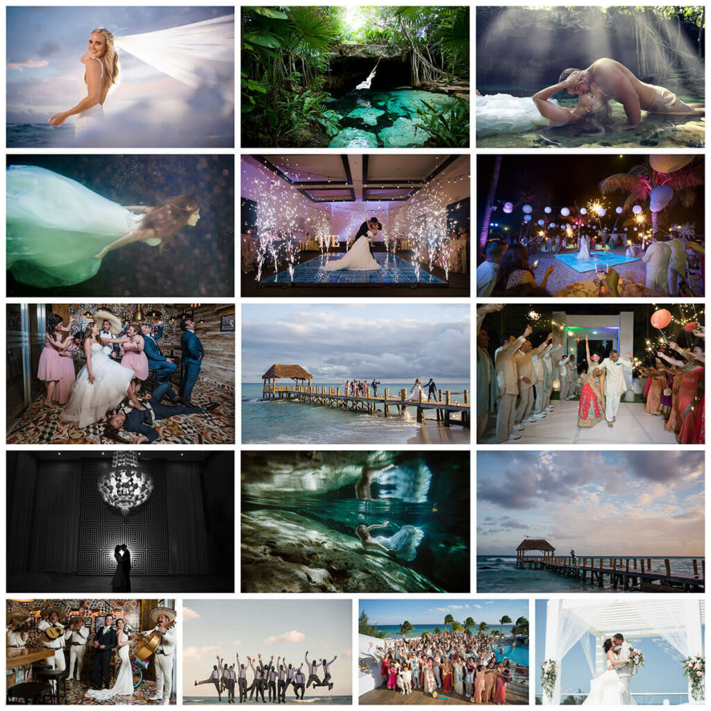 collage of images for wedding photos at the fives beach playa del carmen