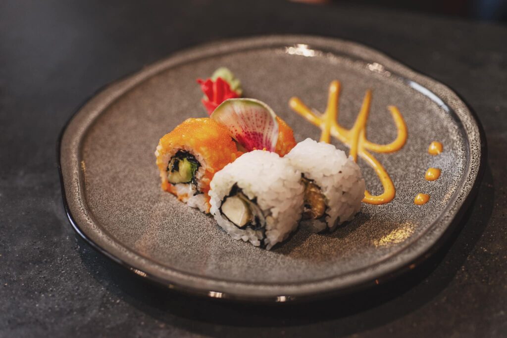 Sushi plate with sauce at the asian restaurant of unico hotel riviera maya