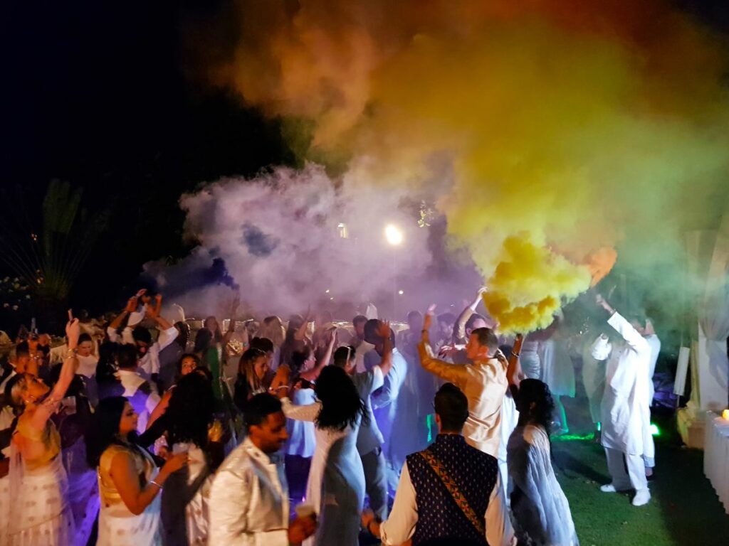 wedding after party with colored smoke