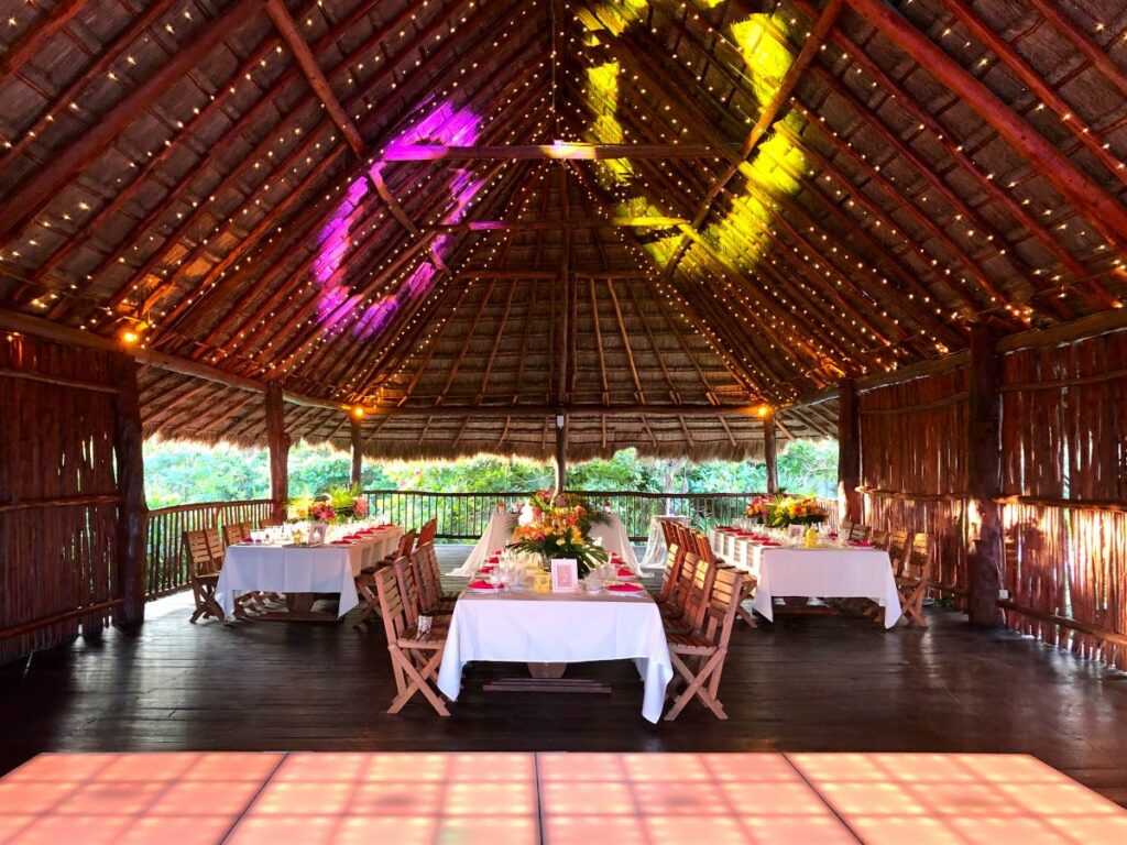 resort refreshing area with geometrical style tiles on the floor and large pool view windows
