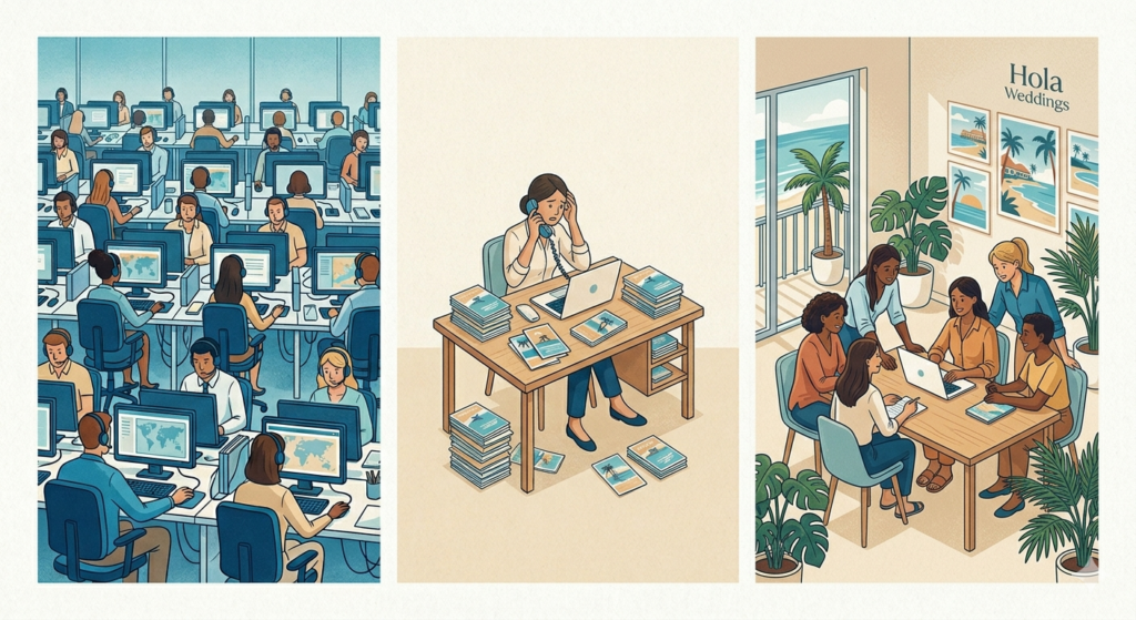 illustration of the different type of destination wedding travel agency models