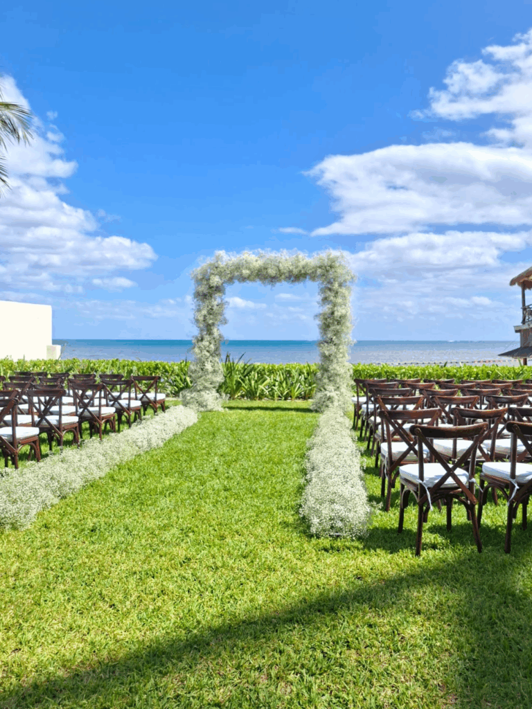 Resort garden venue with a wedding gazebo and ocean view