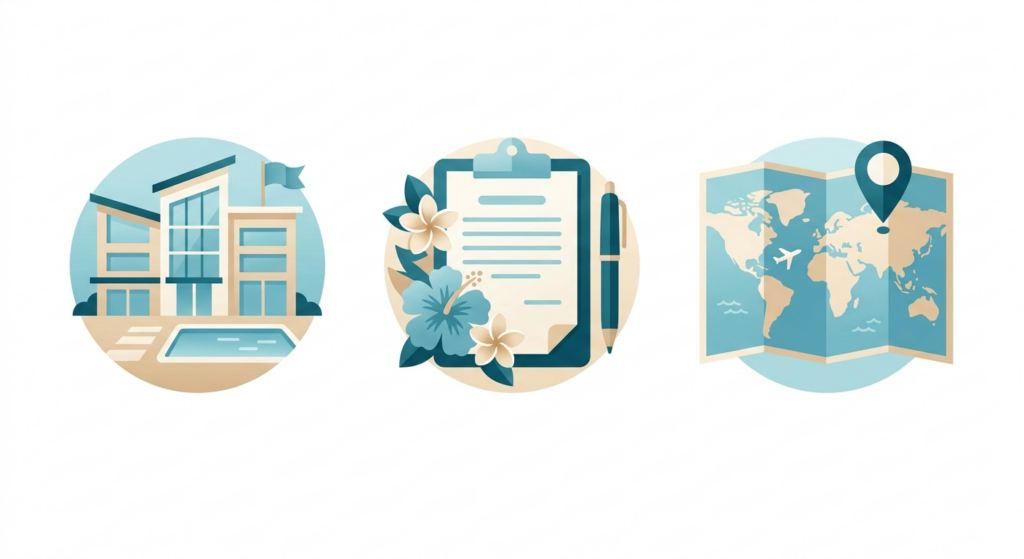 2 illustration representing a resort, coordinator and travel agency